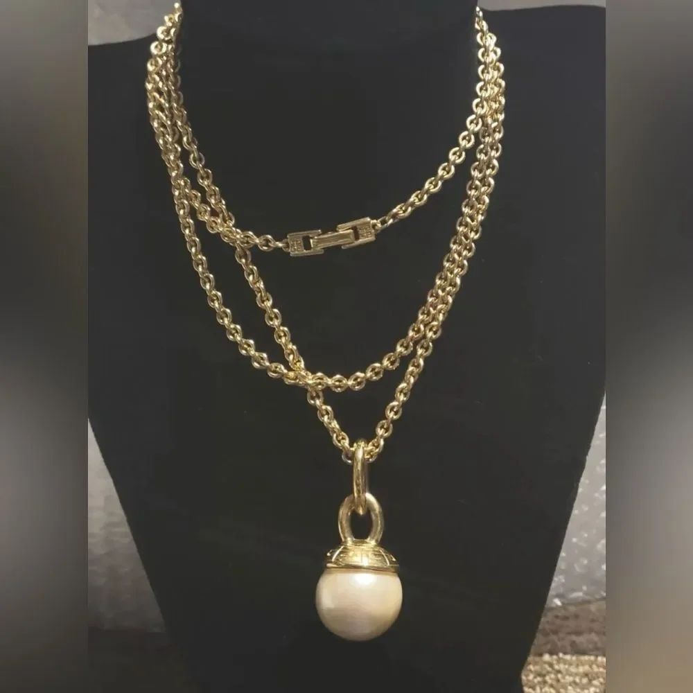 VTG GIVENCHY Oversized Faux Pearl Pendant Necklace Greek Key 40” Runway Sautoir